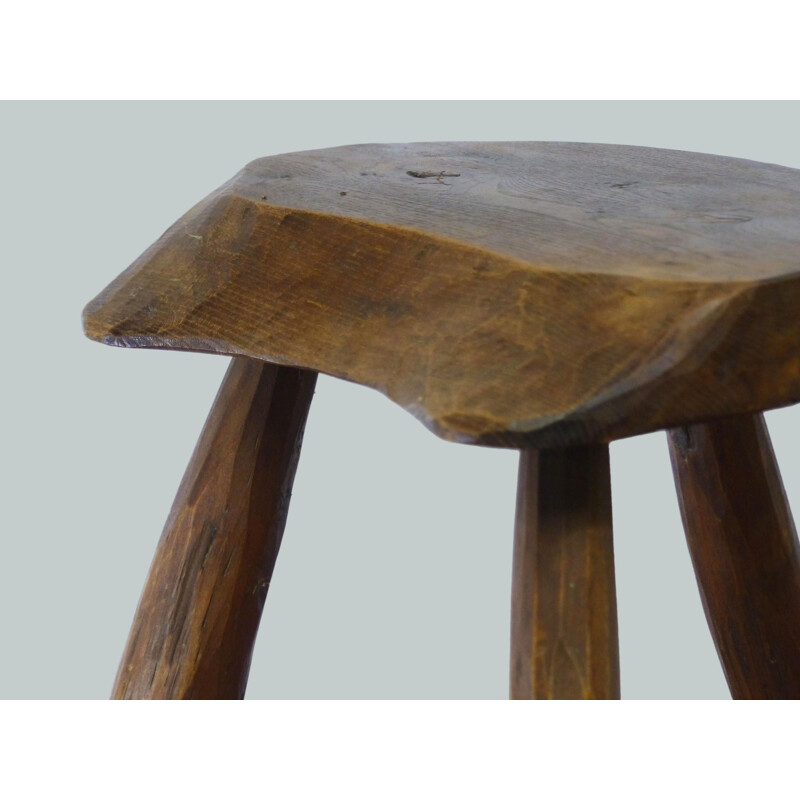 Vintage Brutalist solid wood tripod stool, 1960