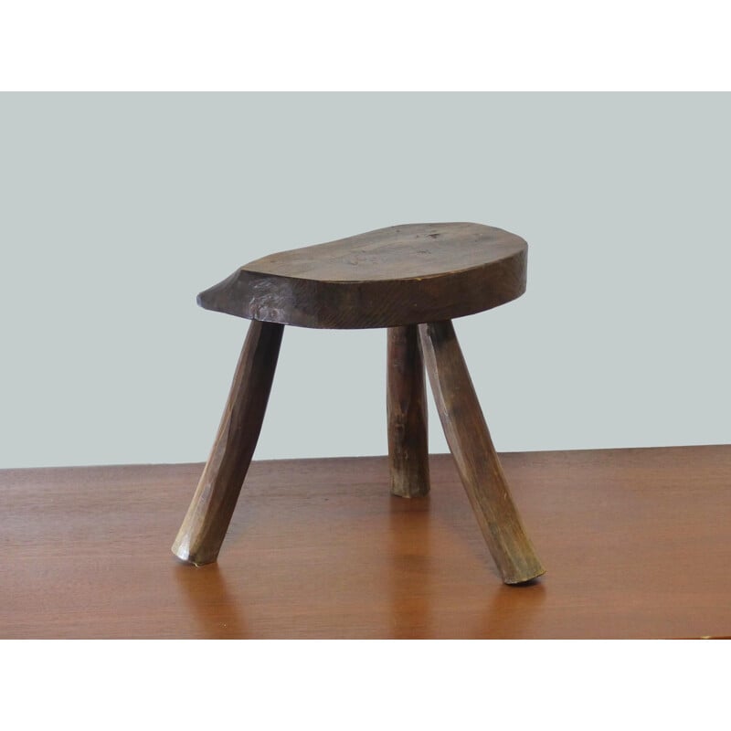 Vintage Brutalist solid wood tripod stool, 1960