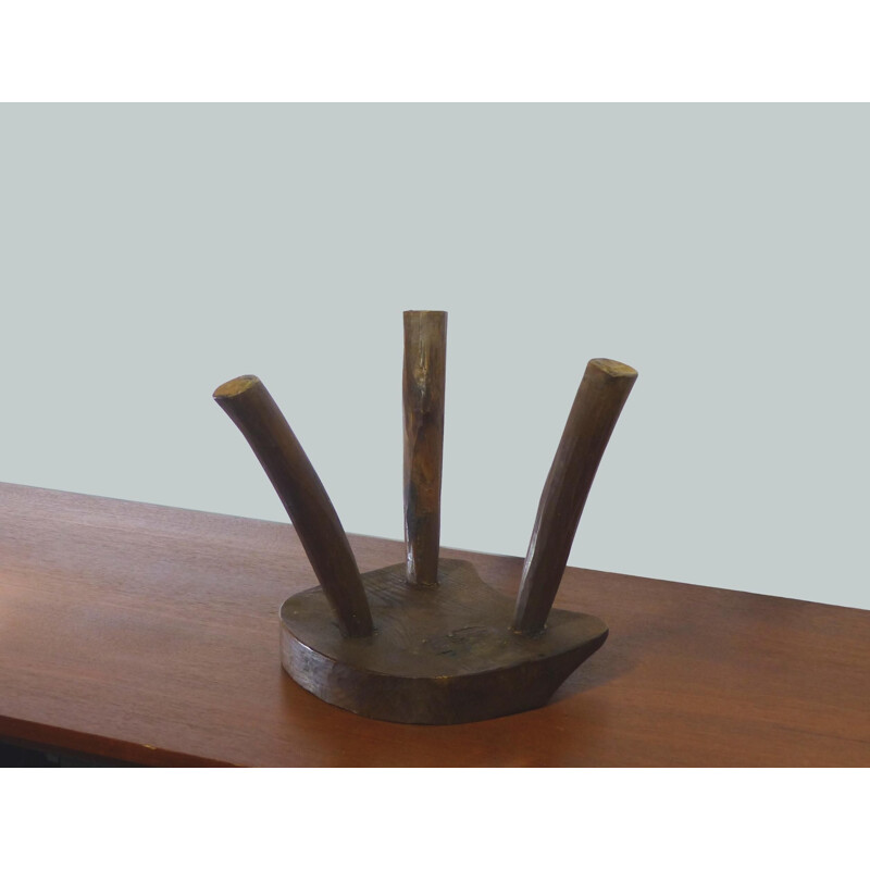 Vintage Brutalist solid wood tripod stool, 1960