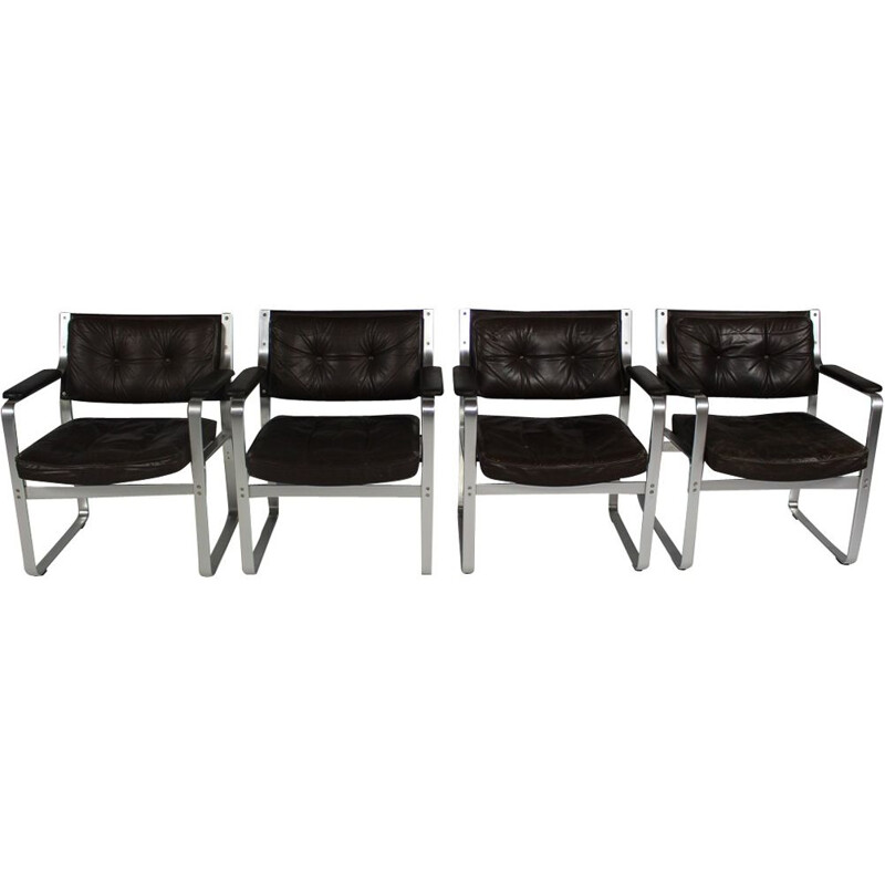 Set van 4 vintage Zweedse leren en aluminium fauteuils van Karl Erik Ekselius voor Joc Vetlanda