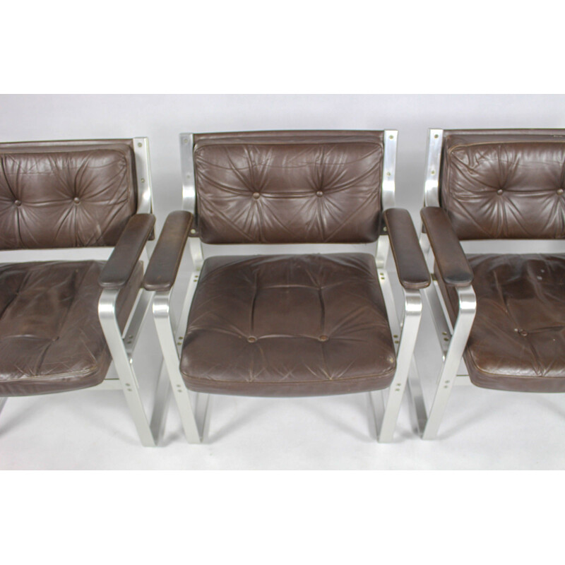 Set of 4 Swedish mid century leather and aluminum armchairs by Karl Erik Ekselius for Joc Vetlanda