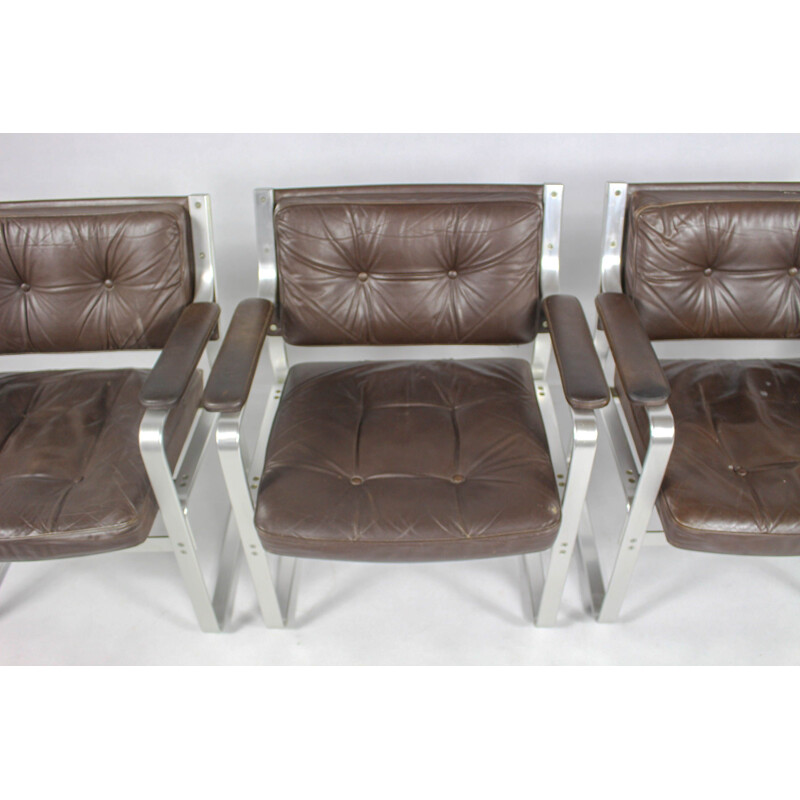 Set van 4 vintage Zweedse leren en aluminium fauteuils van Karl Erik Ekselius voor Joc Vetlanda