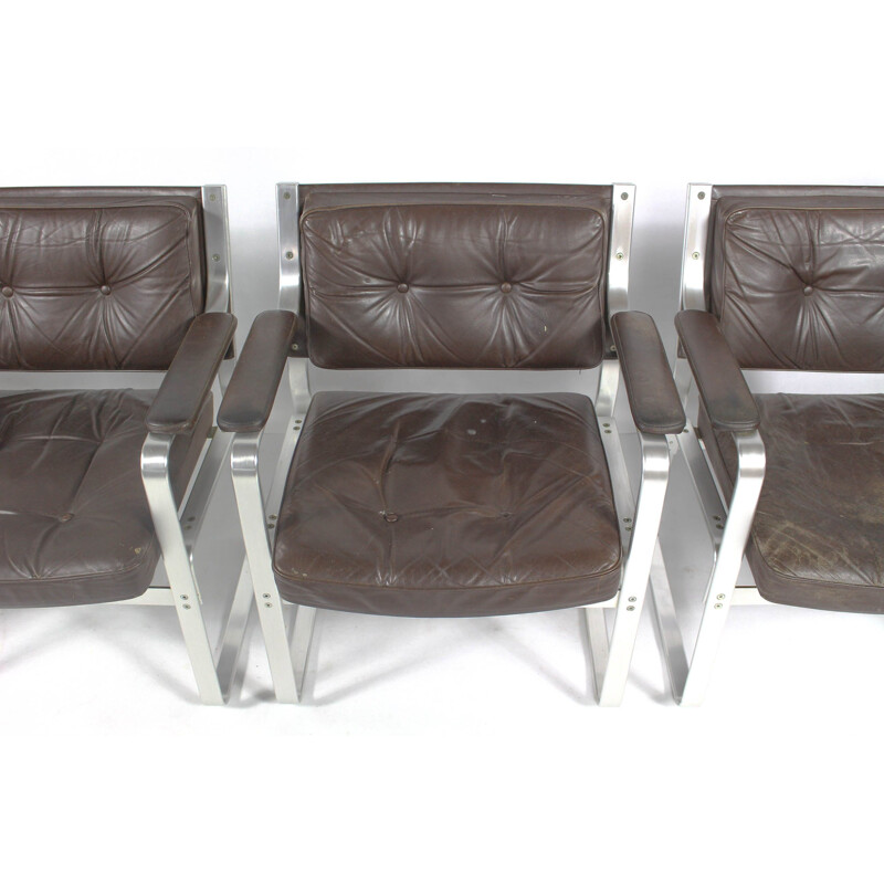 Set van 4 vintage Zweedse leren en aluminium fauteuils van Karl Erik Ekselius voor Joc Vetlanda