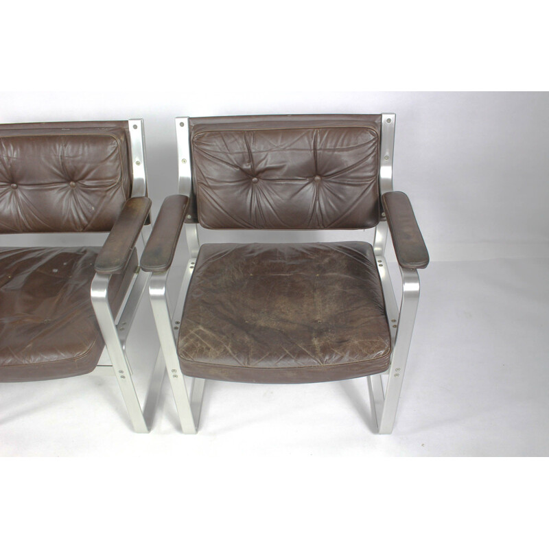 Set of 4 Swedish mid century leather and aluminum armchairs by Karl Erik Ekselius for Joc Vetlanda