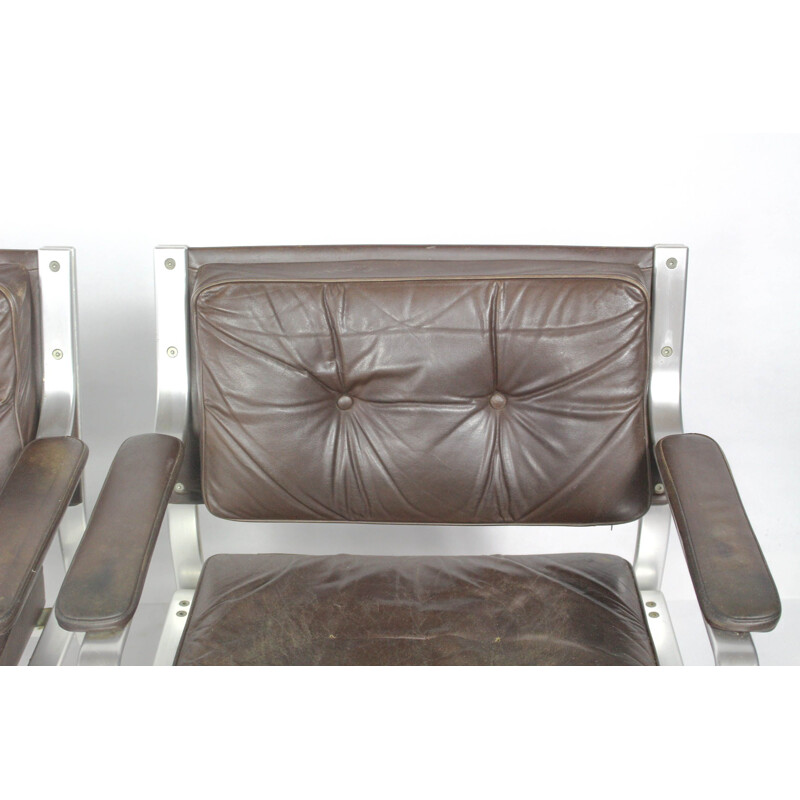 Ensemble de 4 fauteuils suédois vintage en cuir et aluminium par Karl Erik Ekselius pour Joc Vetlanda