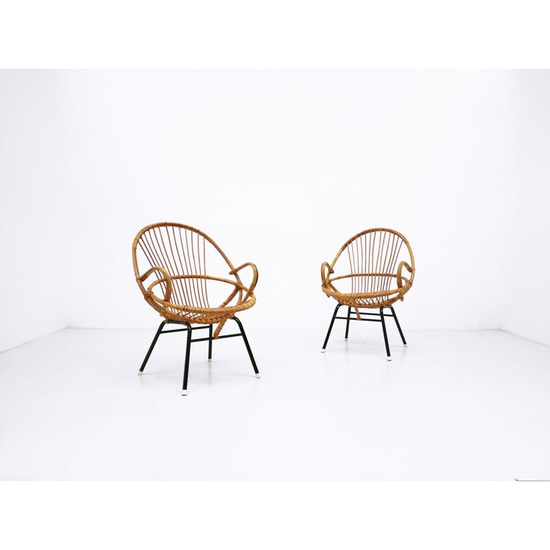 Pair of Rohé armchairs in rattan, Dirk Van Sliedregt, Dirk VAN SLIEDREGT - 1960s
