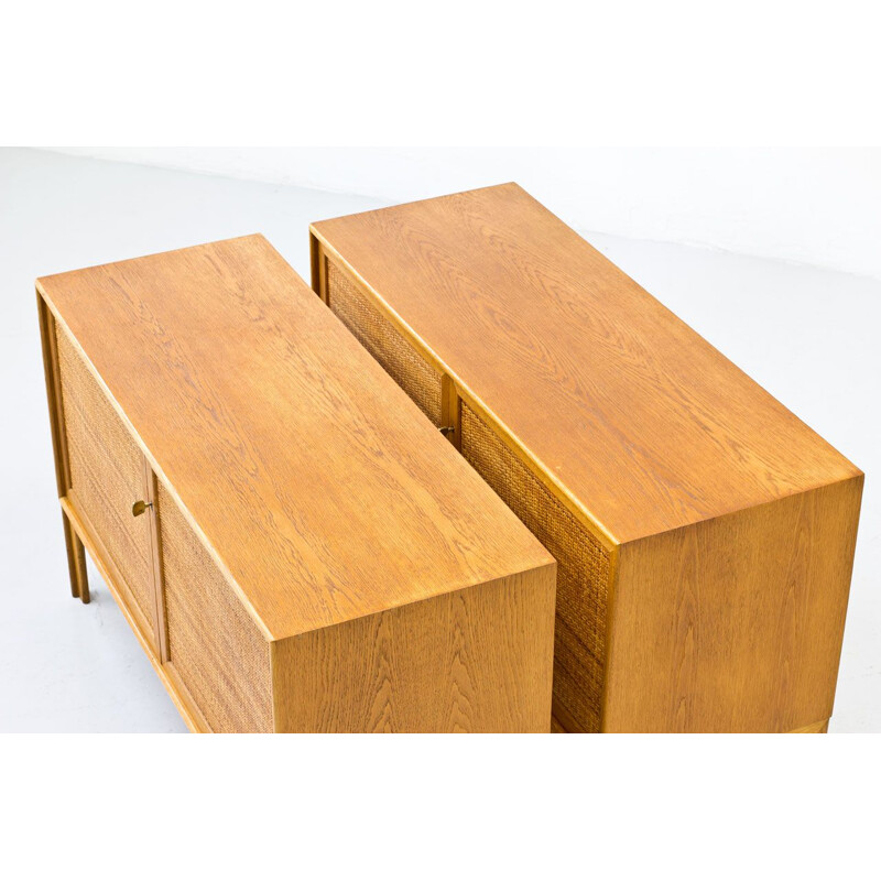 Pair of vintage oakwood & rattan sideboards by Alf Svensson, Sweden 1960s