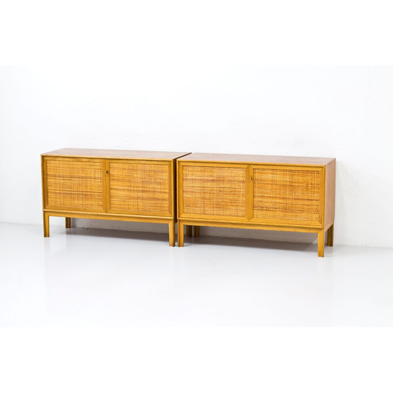 Pair of vintage oakwood & rattan sideboards by Alf Svensson, Sweden 1960s