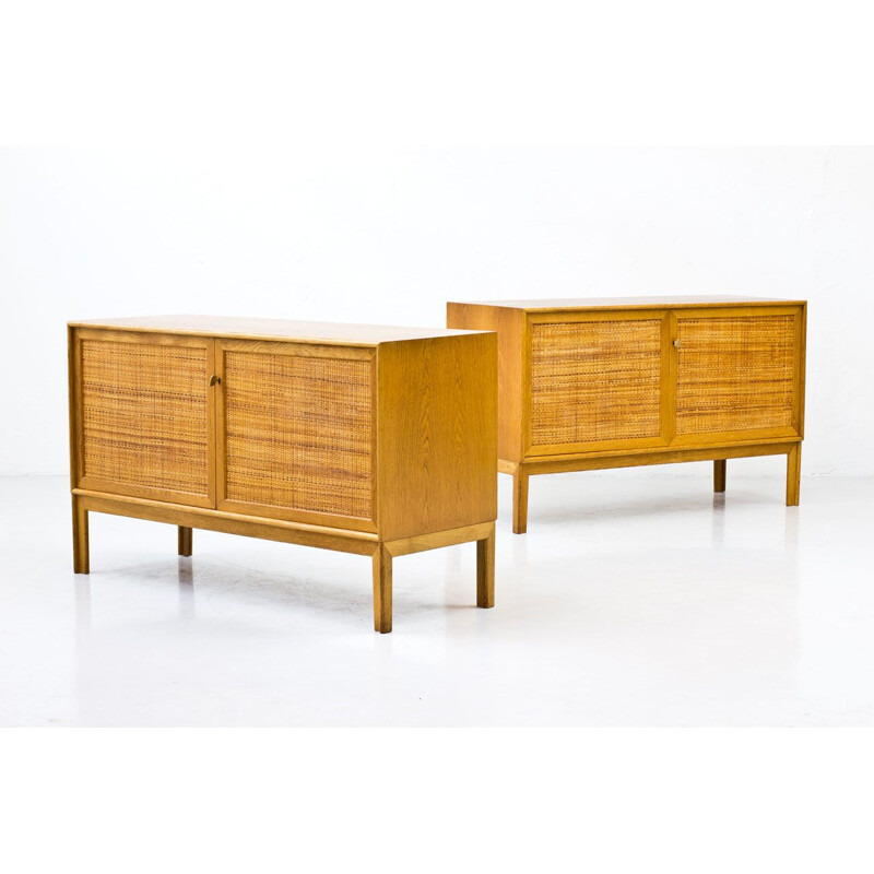 Pair of vintage oakwood & rattan sideboards by Alf Svensson, Sweden 1960s