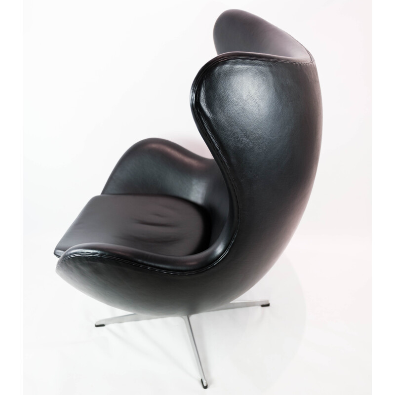 Vintage-Sessel The Egg Modell 3316 in schwarzem Leder von Arne Jacobsen für Fritz Hansen, 1958