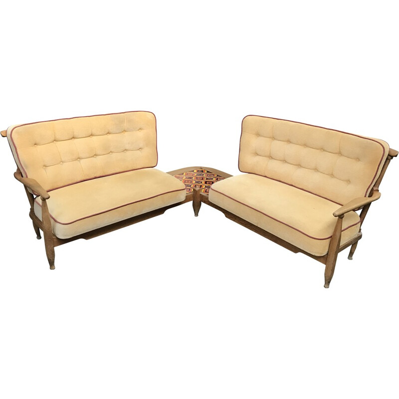 Double sofa in oak wood and beige fabric, GUILLERME & CHAMBRON - 1960s