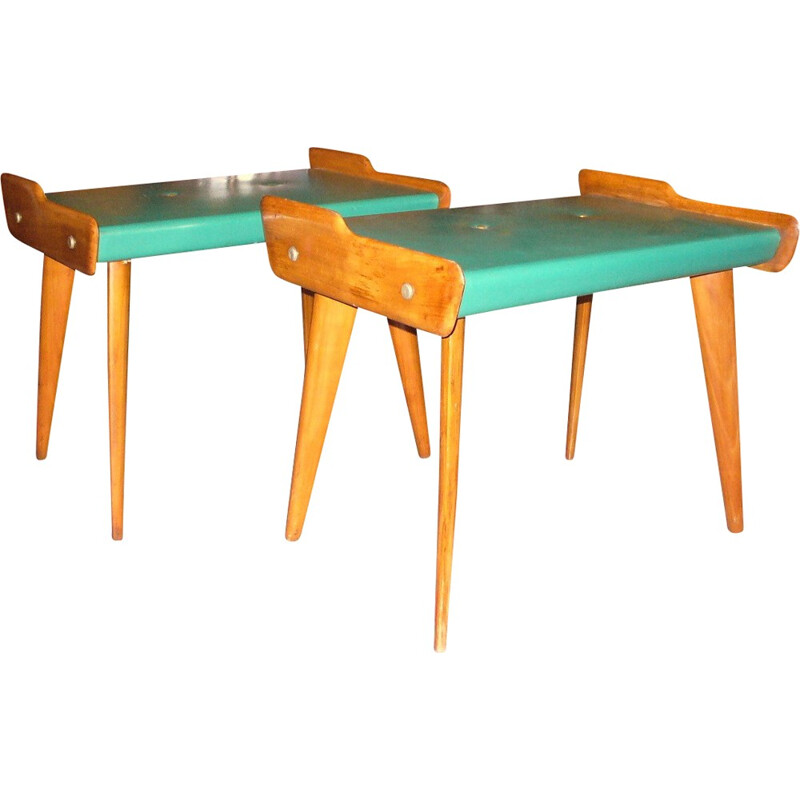 Pair of Italian stools in maple and green leatherette - 1950s
