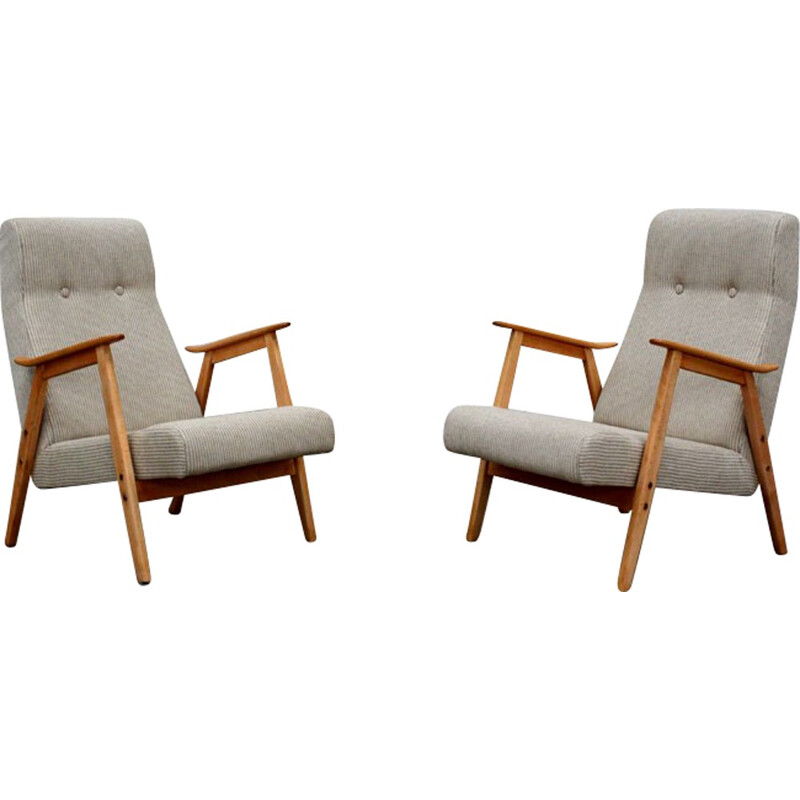 Fauteuil en lin gris et bois - 1960