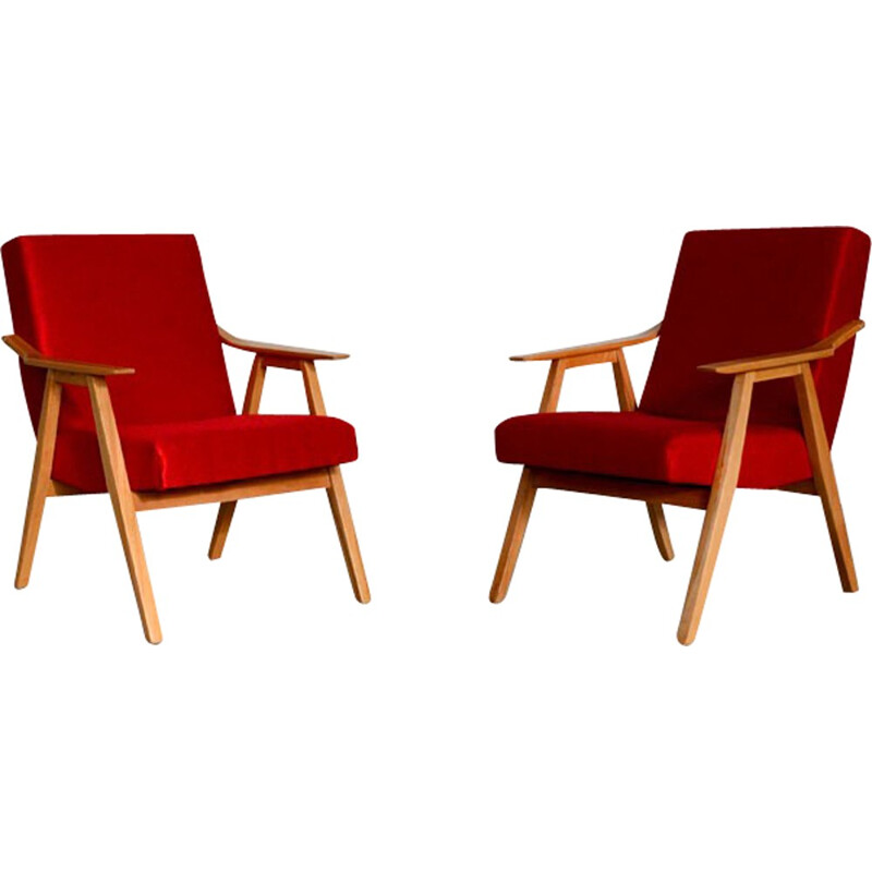 Armchair in red fabric and wood - 1960s