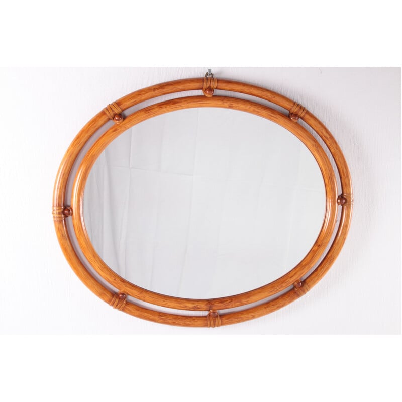 Vintage oval bamboo mirror, 1960s