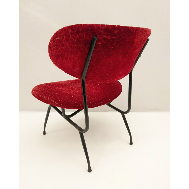 Burgundy red Arflex chair in black metal and velvet - 1950s