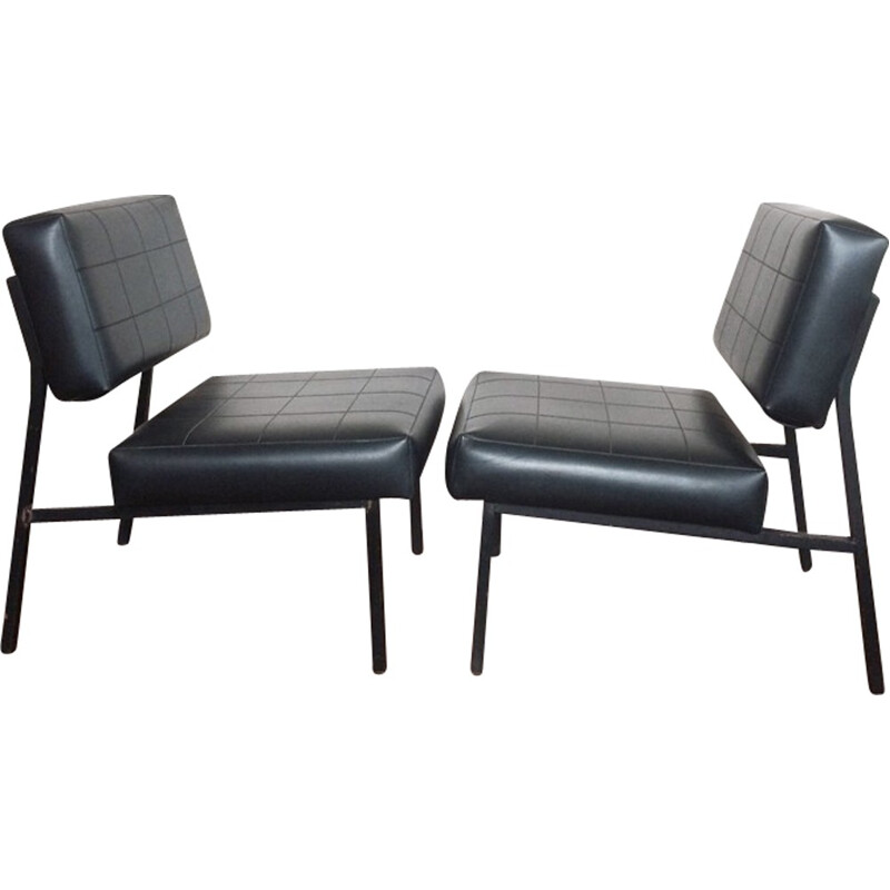 Pair of armchair in metal and black faux leather - 1960s