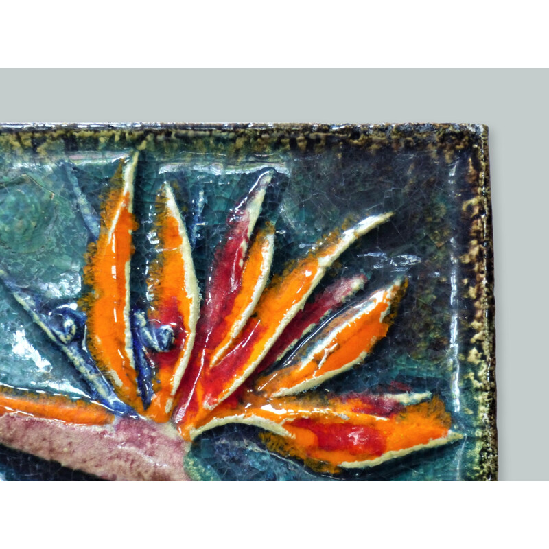 Vintage enamelled wall plaque with exotic flower by Karlsruhe