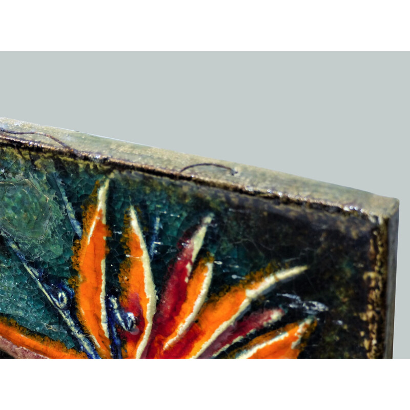Vintage enamelled wall plaque with exotic flower by Karlsruhe