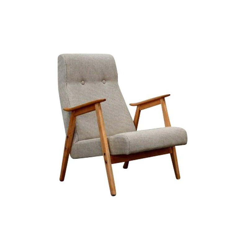 Fauteuil en lin gris et bois - 1960