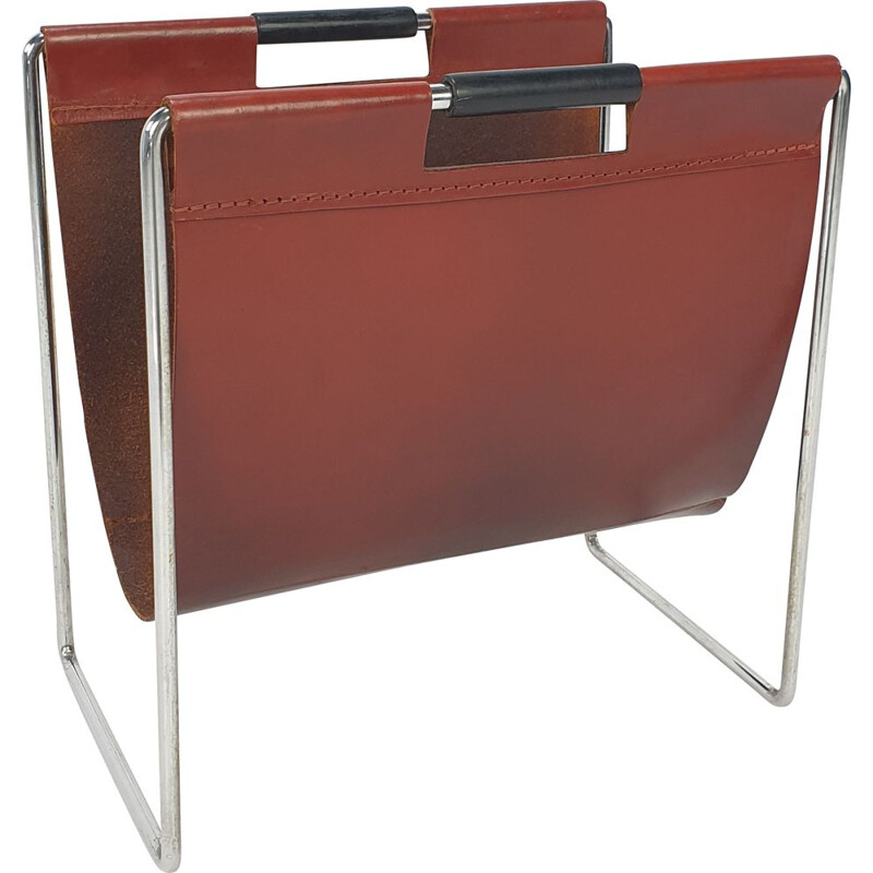 Vintage leather & chrome magazine rack from Brabantia, 1970s