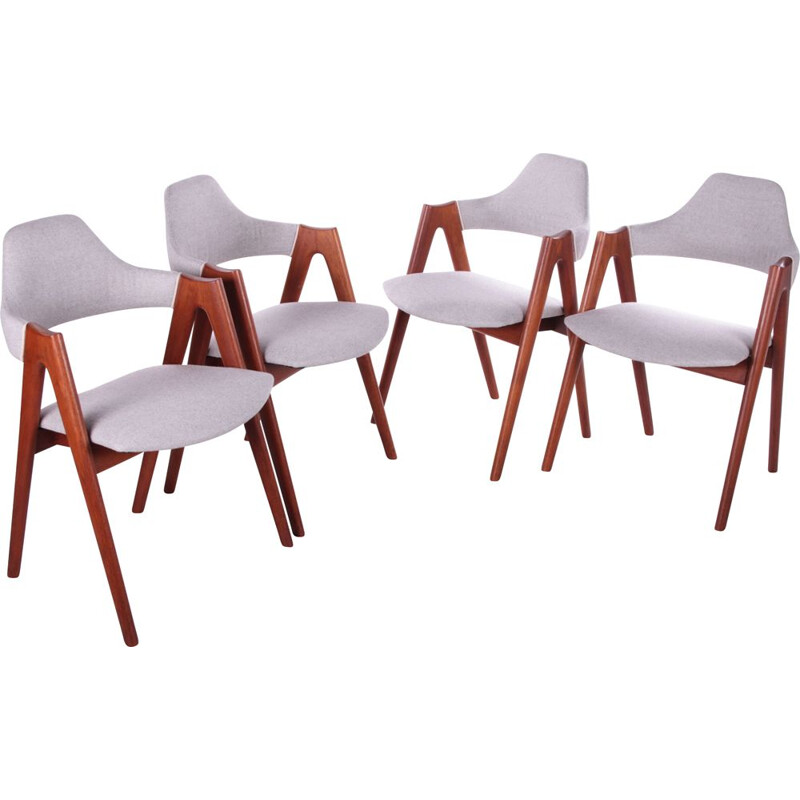Set of 4 vintage Danish teak and light gray fabric dining chairs by Kai Kristiansen for SVA Mobler, 1960
