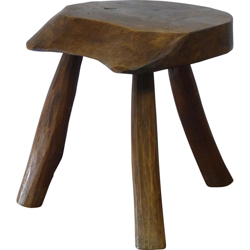 Tabouret tripode brutaliste vintage en bois massif, 1960