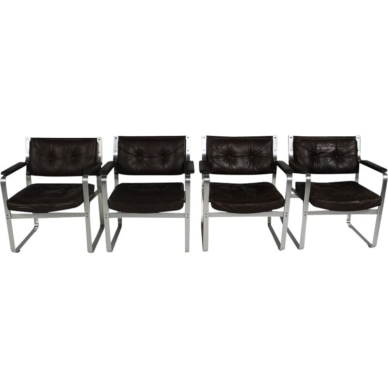 Ensemble de 4 fauteuils suédois vintage en cuir et aluminium par Karl Erik Ekselius pour Joc Vetlanda