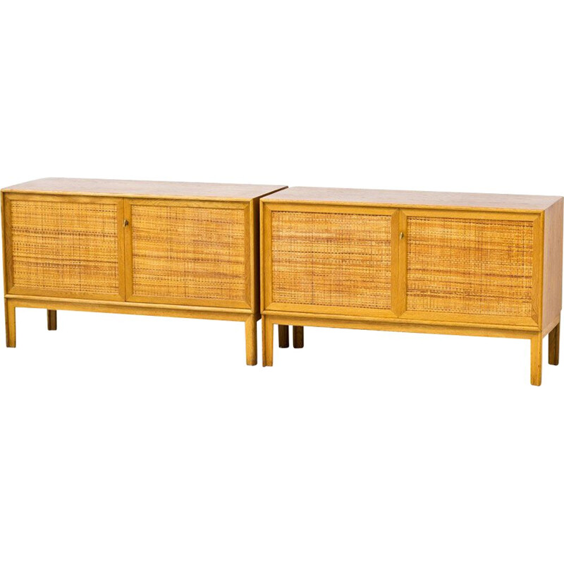 Pair of vintage oakwood & rattan sideboards by Alf Svensson, Sweden 1960s