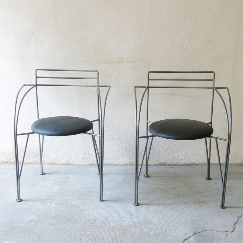 Pair of vintage armchairs in black leatherette and metal by Pascal Mourgue for Fermob, 1985