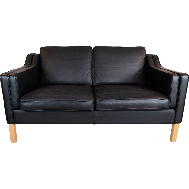 Vintage black leather 2 seater sofa with oak legs by Stouby Furniture, 1960