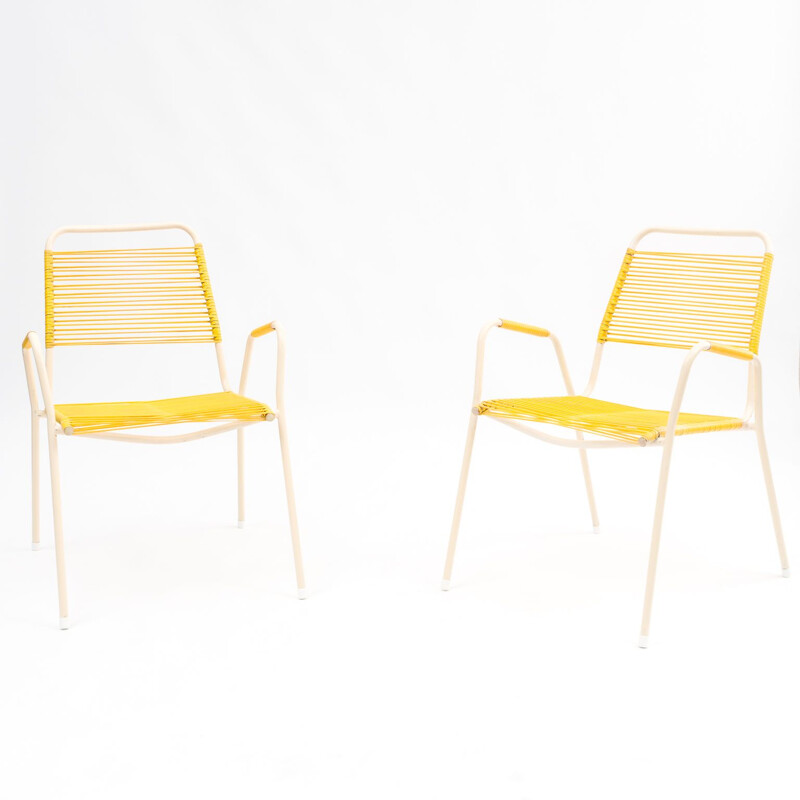 Pair of vintage Scoubidou yellow garden chair, 1950s