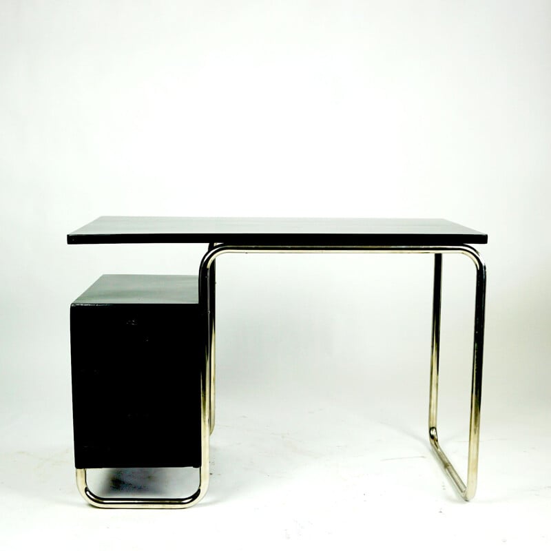 Vintage black painted beechwood and tubular chrome Bauhaus desk, Czech Republik 1930s