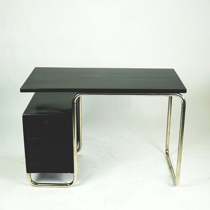 Vintage black painted beechwood and tubular chrome Bauhaus desk, Czech Republik 1930s