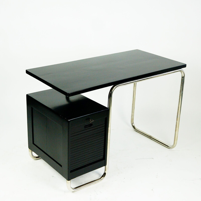 Vintage black painted beechwood and tubular chrome Bauhaus desk, Czech Republik 1930s