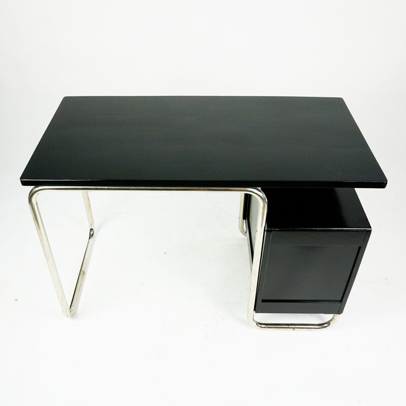 Vintage black painted beechwood and tubular chrome Bauhaus desk, Czech Republik 1930s