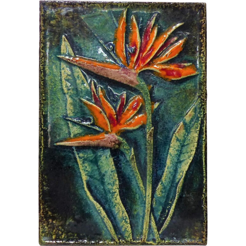 Vintage enamelled wall plaque with exotic flower by Karlsruhe