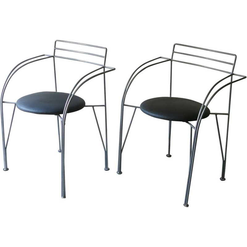 Paire de fauteuils vintage en simili cuir noir et métal par Pascal Mourgue pour Fermob, 1985