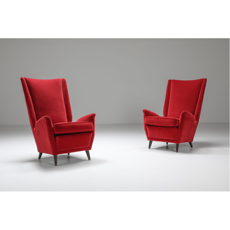 Pair of vintage red armchairs by Gio Ponti, Italy 1950