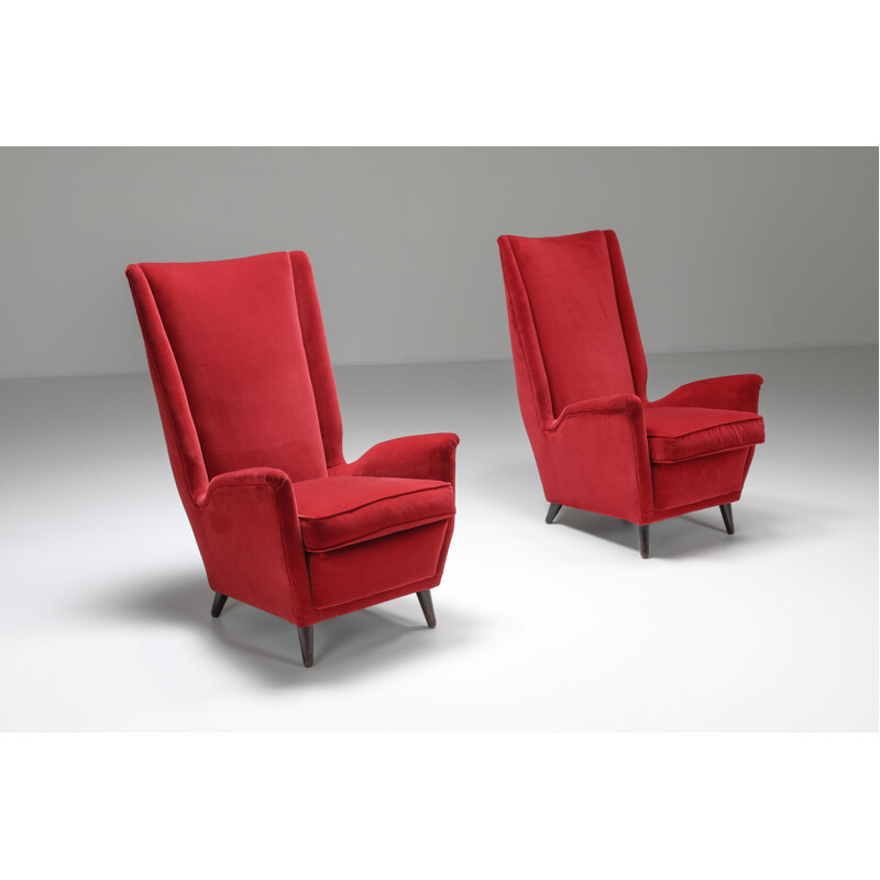 Pair of vintage red armchairs by Gio Ponti, Italy 1950