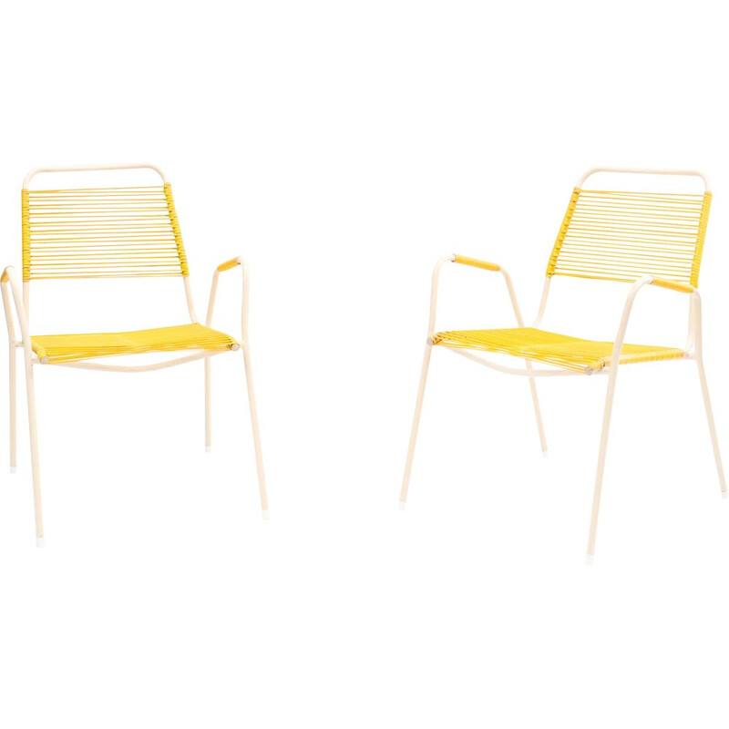 Pair of vintage Scoubidou yellow garden chair, 1950s