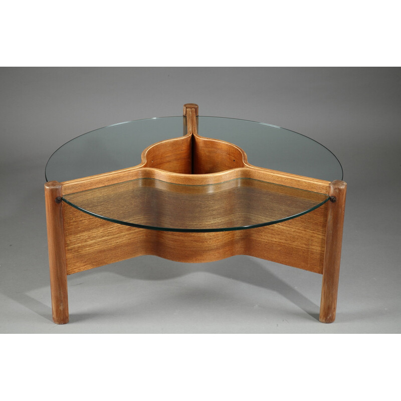 Table basse Nathan en bois thermoformé et verre - 1960