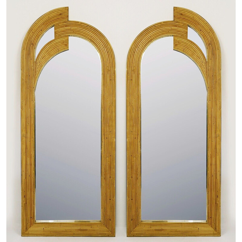 Pair of vintage contemporary bamboo and brass Italian mirrors