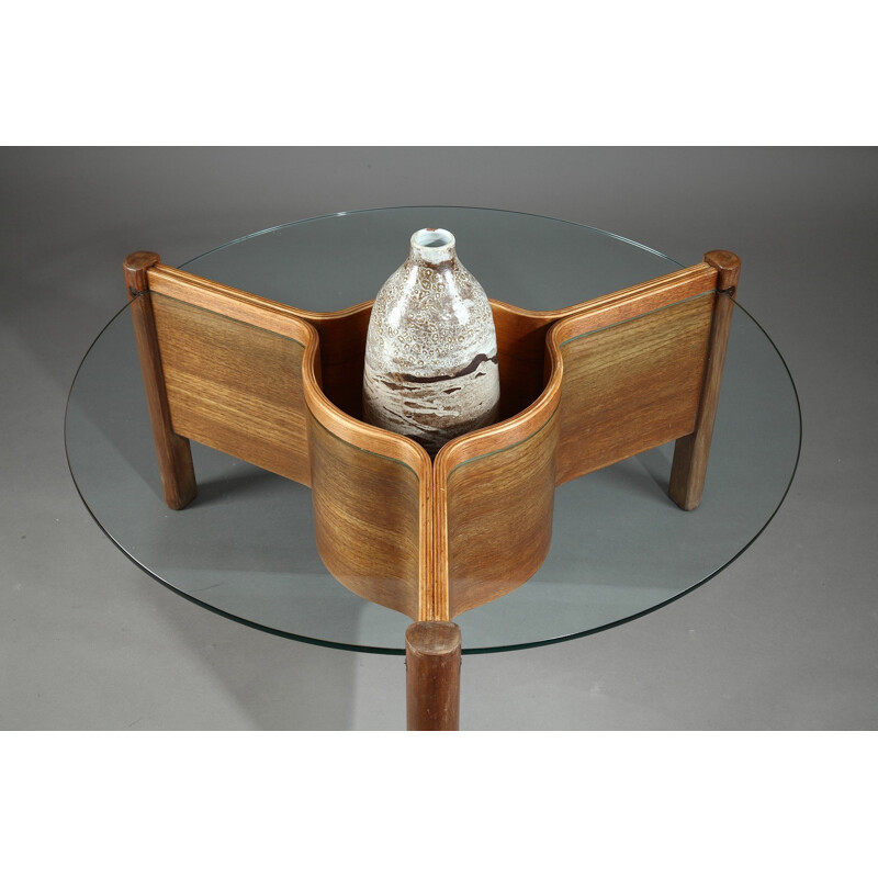 Table basse Nathan en bois thermoformé et verre - 1960