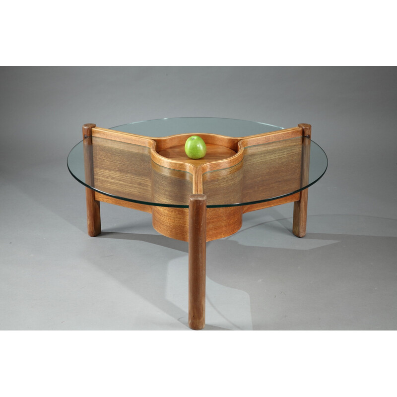 Table basse Nathan en bois thermoformé et verre - 1960