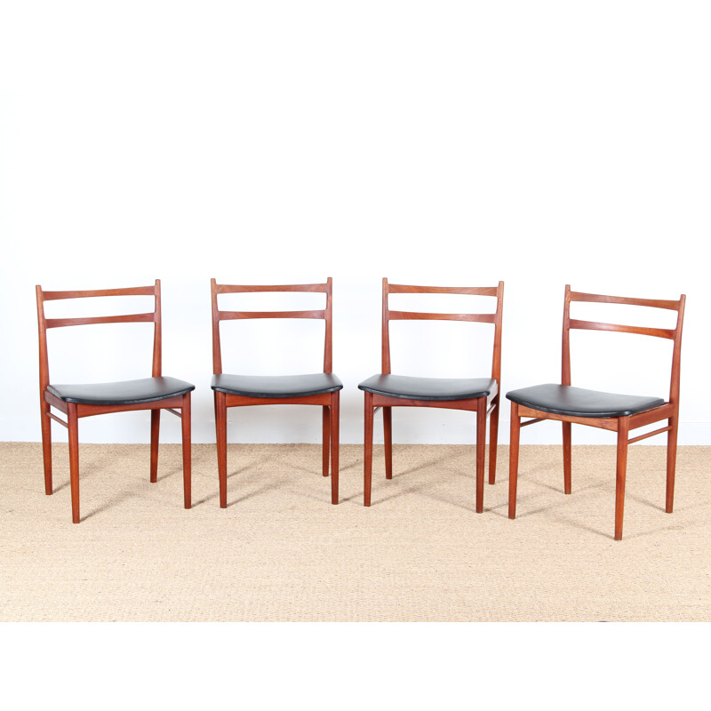 Set of 4 Scandinavian vintage teak and black leatherette chairs by H. Rosengren Hansen