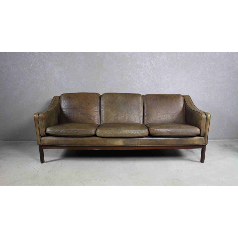 Mid century brown leather and rosewood sofa by Vatne Mobler, Norway 1970s