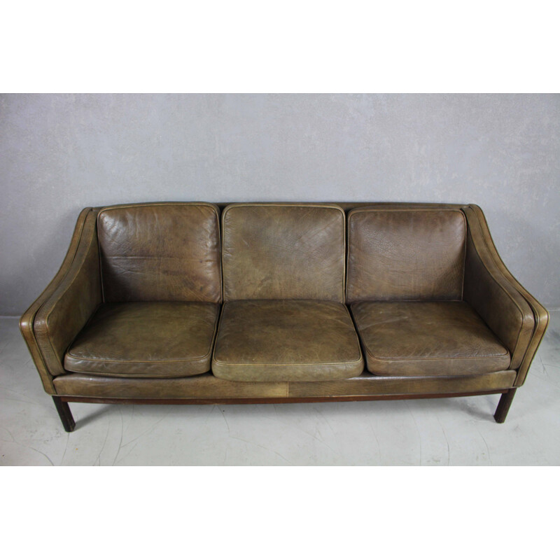 Mid century brown leather and rosewood sofa by Vatne Mobler, Norway 1970s