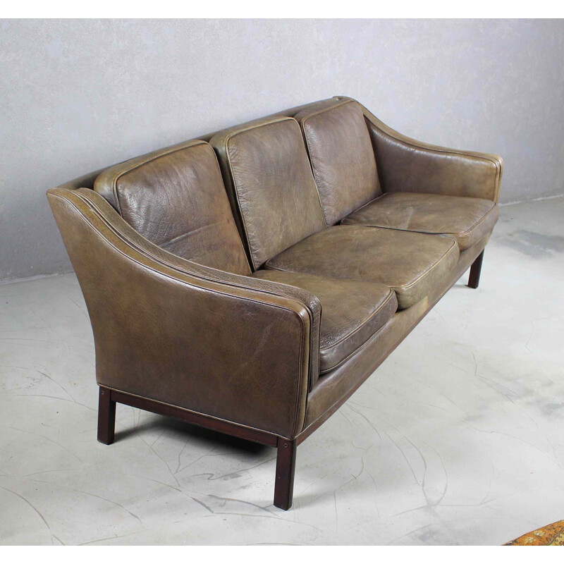 Mid century brown leather and rosewood sofa by Vatne Mobler, Norway 1970s