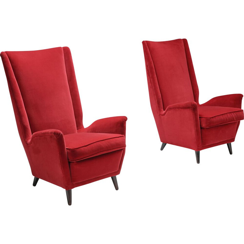 Pair of vintage red armchairs by Gio Ponti, Italy 1950